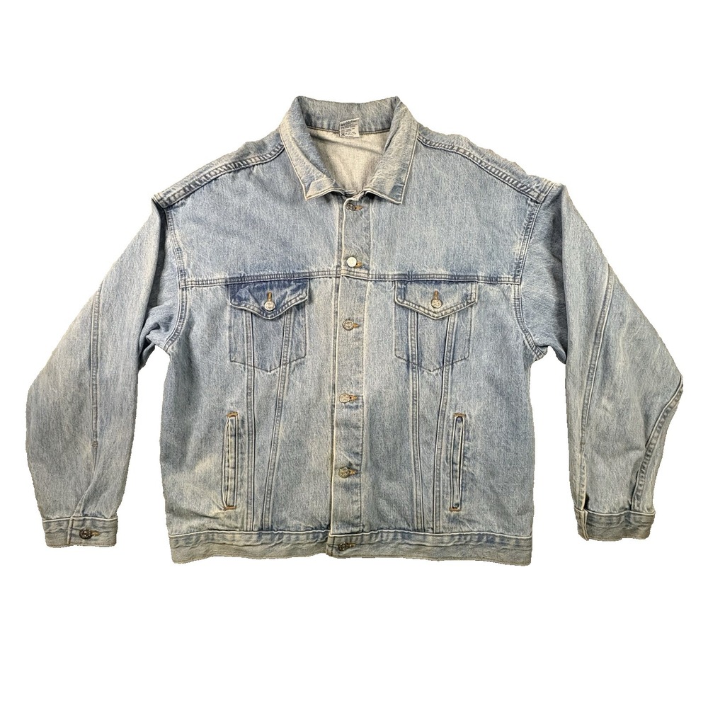 VTG Cone Mills Men's 2XL Blue Denim Trucker Jacket Embossed Made USA‎ SEE DESC